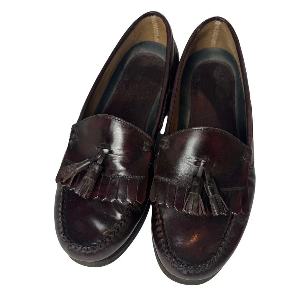 LL Bean Mens Burgundy Brown‎ Leather Kiltie Tassel Loafers 10.5W Made in Brazil